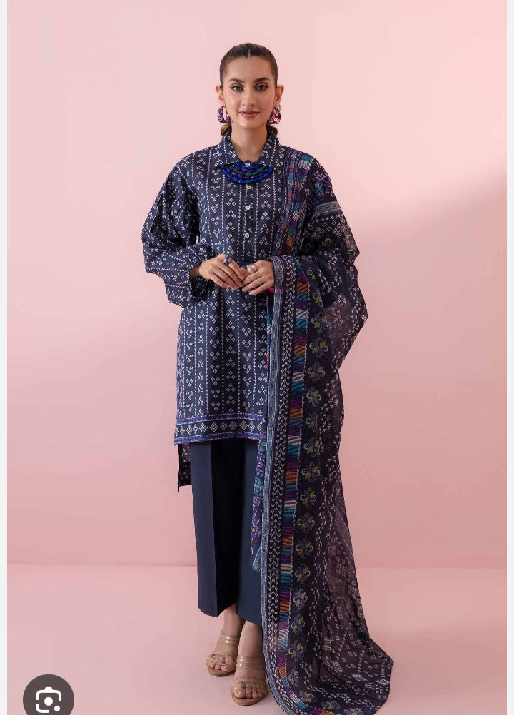 Nishat Linen 3-Piece Unstitched Printed Suit - Navy Blue & - Bforbazaar