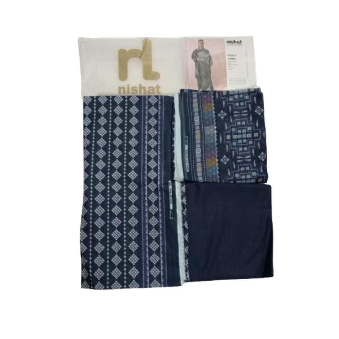 Nishat Linen 3-Piece Unstitched Printed Suit - Navy Blue & - Bforbazaar