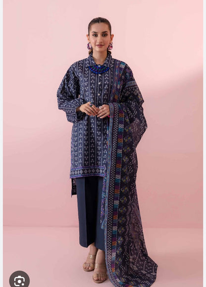 Nishat Linen 3-Piece Unstitched Printed Suit - Navy Blue & - Bforbazaar
