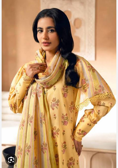 Nishat Linen 3‑Piece Unstitched Lawn Suit - Mustard Yellow Floral - Bforbazaar