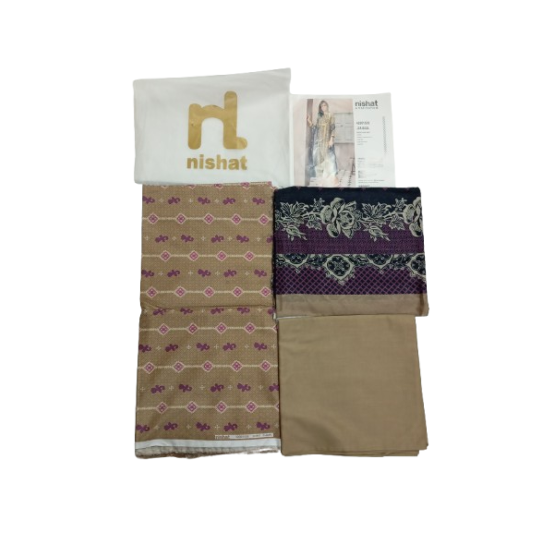 Nishat Linen 3‑Piece Unstitched Lawn Suit - Beige & Purple - Bforbazaar