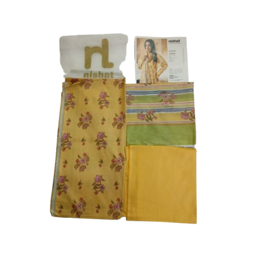 Nishat Linen 3‑Piece Unstitched Lawn Suit - Mustard Yellow Floral - Bforbazaar